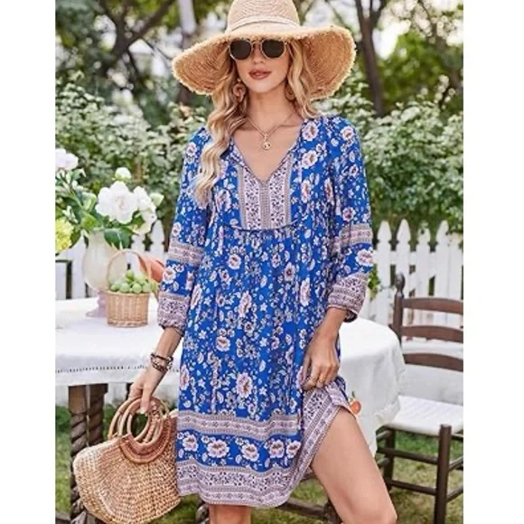 NWT Bluetime Summer Dress Boho V Neck 3/4 Sleeve Babydoll Floral Viscose Sz XL - Picture 2 of 13